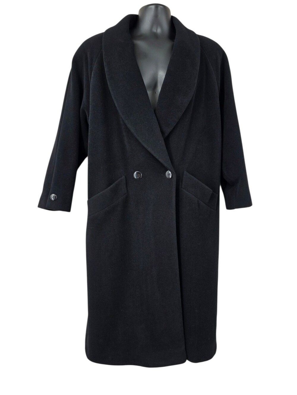 Vintage Angora Wool Cashmere Black Shawl Collar Double Breasted Long Pea Coat